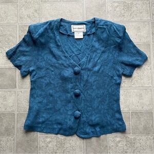 Blue vintage y2k short sleeve button up top Karin stevens shoulder pads women
